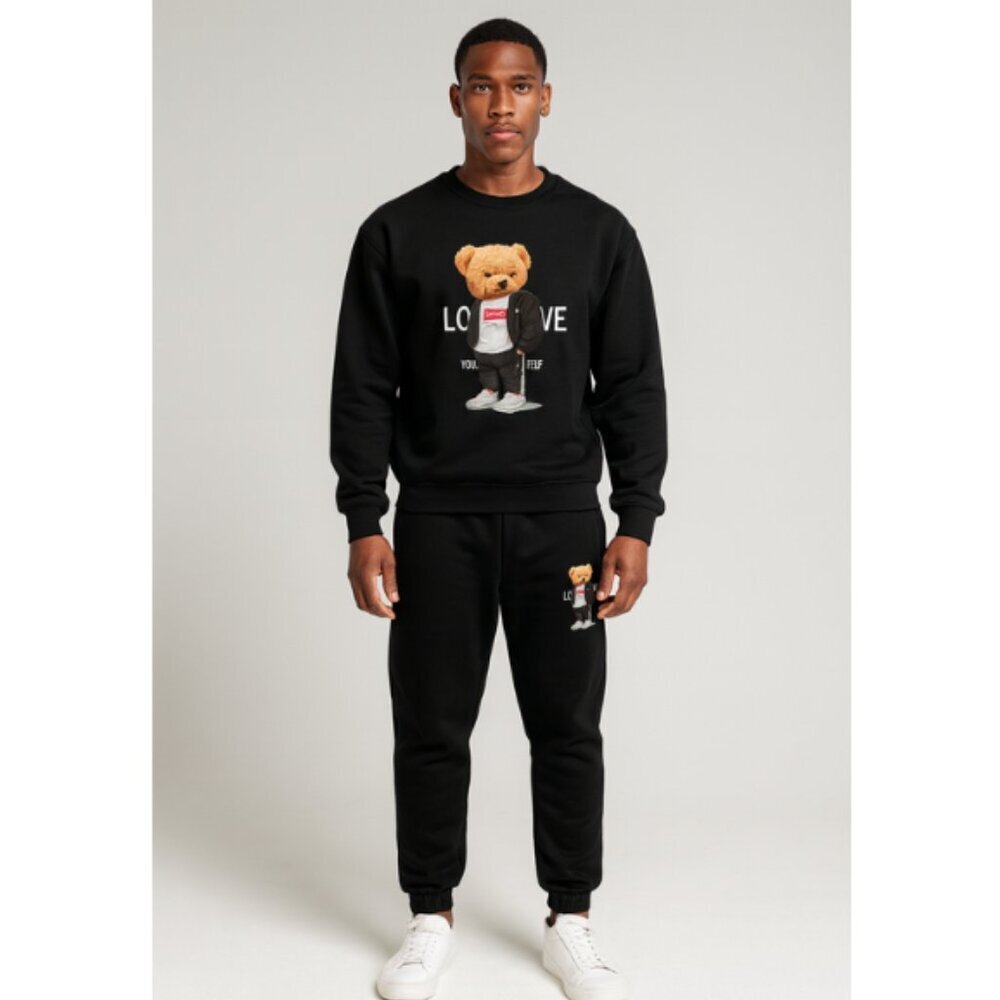 Black Teddy Bear Graphic Fleece Set Sweatshirt & Joggers Love Yourself  Size L